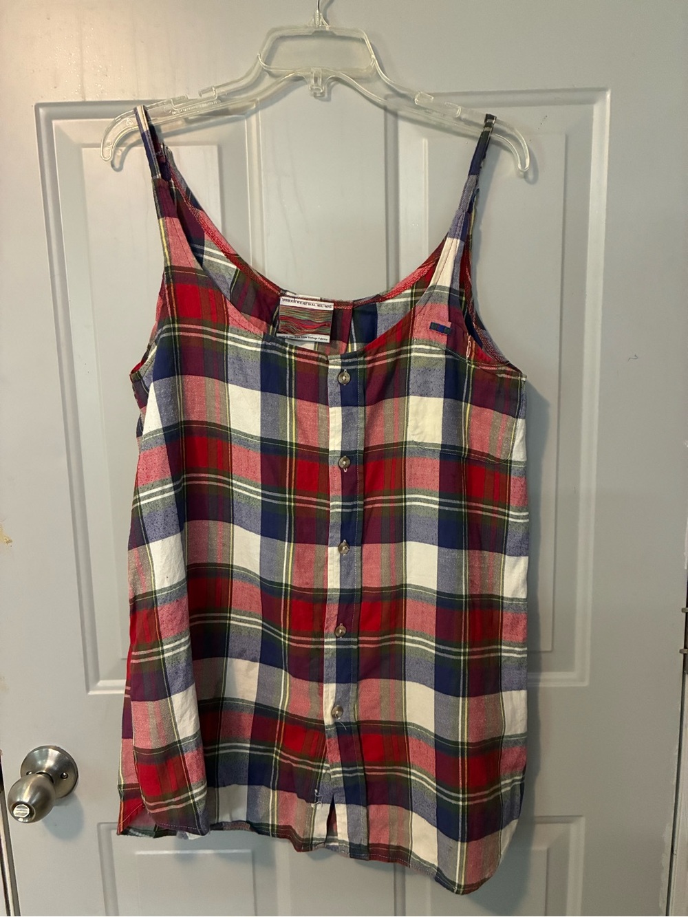 Urban Renewal Plaid Button-Front Cami Tank Top - Red Navy White